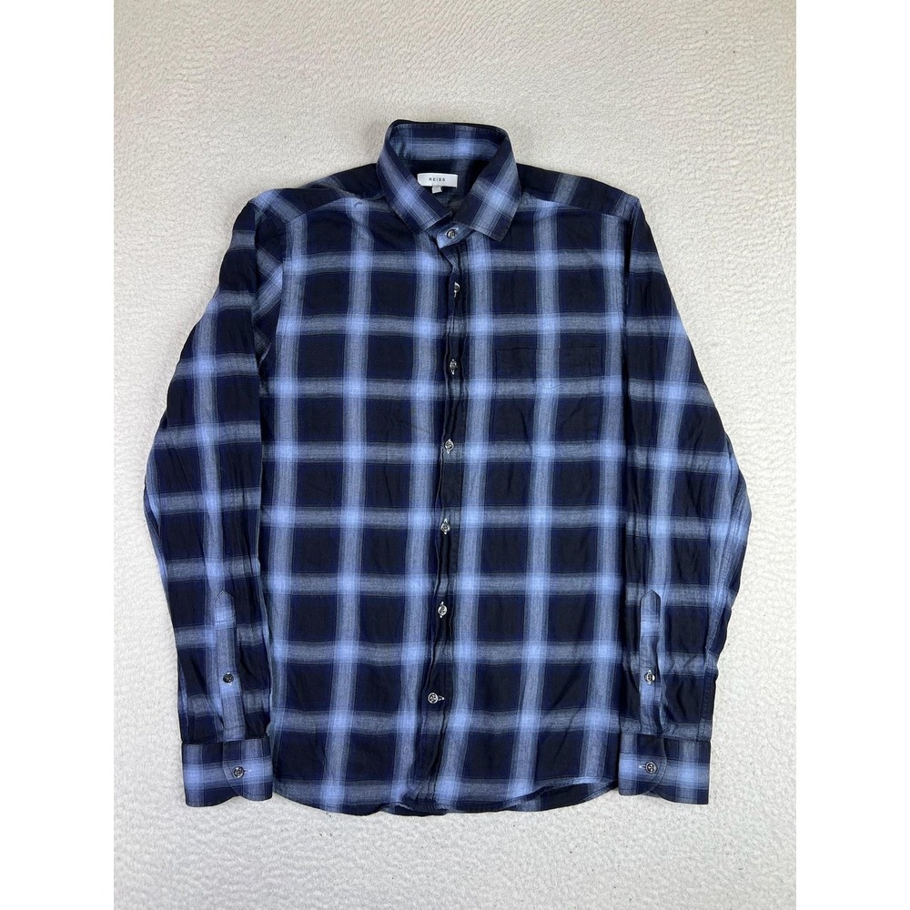Reiss Mens Small Blue Plaid Button Up Long Sleeve Cotton Regular Fit Shirt